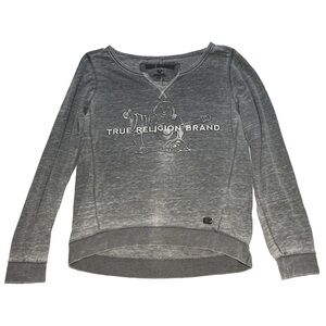 TRUE RELIGION women's grey lightweight graphic crew FLC sweater, size medium.